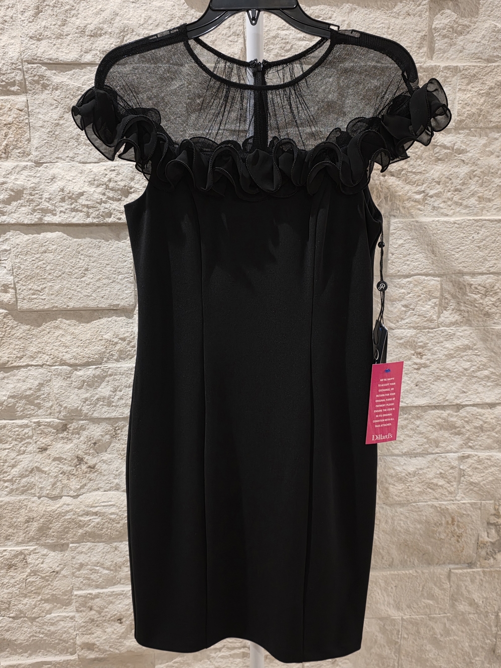 Adrianna Papell Black Sheath Dress with Ruffle Mesh Yoke